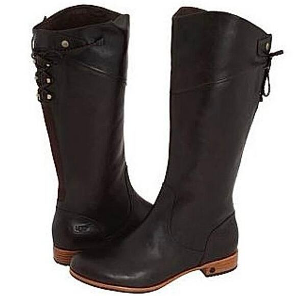 UGG leather riding boot Annabelle 1923 espresso lace back pull on stacked wood 8 - Picture 1 of 12